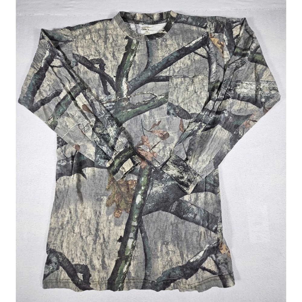 Cabelas‎ Mens Mossy Oak Treestand Camo Long Sleeve Pocket T-Shirt Large Cotton